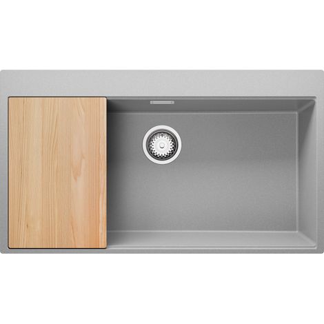 PRIMAGRAN Evier Cuisine en Granit 88x50cm, Lavabo 1 bac + Kit de Vidage + Planche à Découper, Évier à Encastrer au meuble 90cm - Oslo, Gris