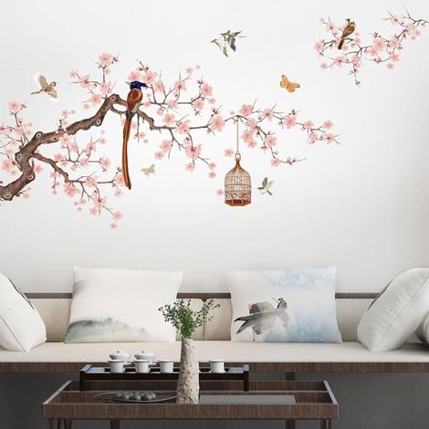 Chinesische Blumen-Wandtattoos fürs Wohnzimmer, rosa Blumen-Wandtattoos fürs Schlafzimmer, selbstklebende Wanddekoration (pfirsichrosa) (1/4)