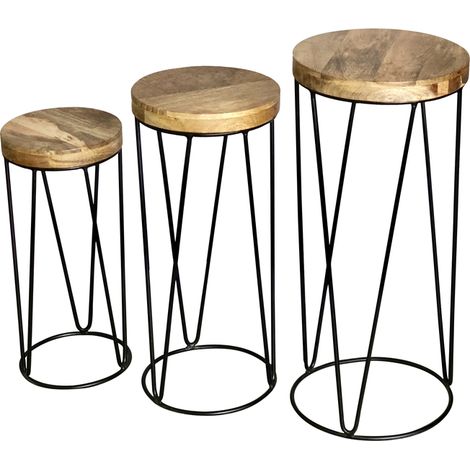 Ravi Iron Base Solid Wood Top Round Stool (Set of 3) - L30 x W30 x H69 cm - Mango Light Finish