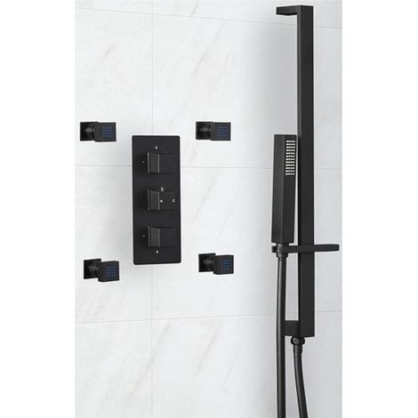 Milano Preto 2 Outlet Triple Thermostatic Mixer Shower Valve with Hand Shower Handset Slide Rail Kit and Four Body Jets (1/3)