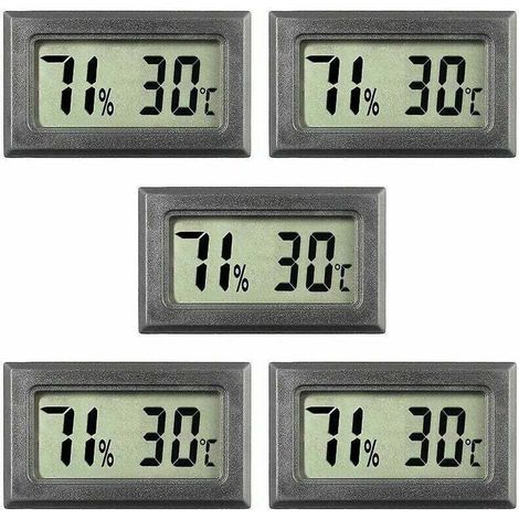 Lot de 5 mini thermomètres numériques pour la température et l'humidité intérieures. Noir.