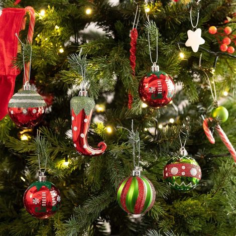Lot de 70 boules de Noël incassables de 3 à 10 cm, décorées de jolis lutins rouges, verts et blancs pour le sapin.