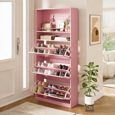 Meuble à chaussures rose avec rangements et étagères coloris rose (1/5)