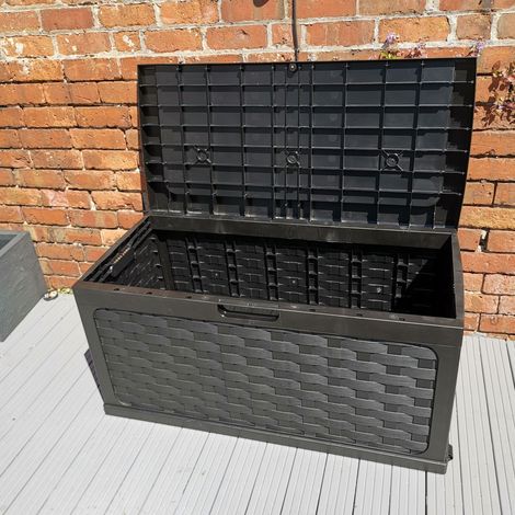 335 Litre Rattan Style Garden Cushion Storage Box with Sit on Lid – Black (1/5)