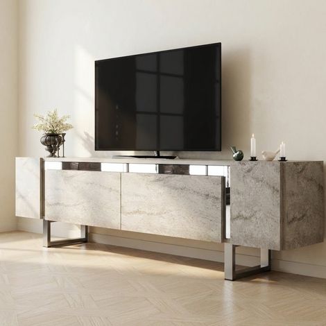 TV-Möbel Travertin Yildiz 180x50x30 - Silberner Rahmen