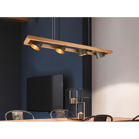 LED Pendelleuchte 4-flammig Metallschirme schwenkbar im Holzrahmen, B: 100cm (1/5)