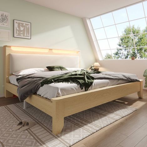 Lit double 160x200 cm bois tête rangement led dossier velours beige chêne clair avec matelas (1/5)