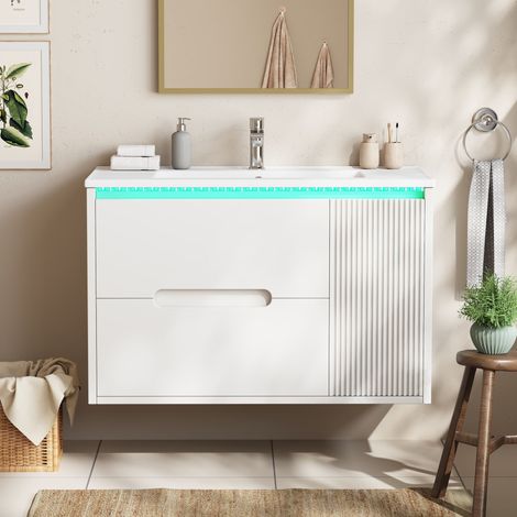Meuble vasque mural 81x47x51cm - LED + 2 tiroirs + étagères réglables - MDF/céramique - blanc (1/5)