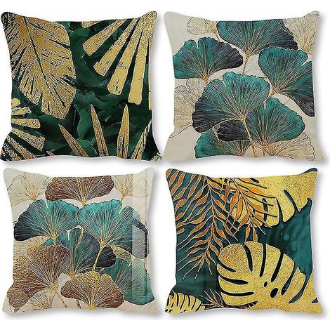 Set aus 4 dekorativen Kissenbezügen 45 cm x 45 cm, grün-goldenes Blattmuster, Leinen, quadratisch, für Garten- und Terrassenmöbel.