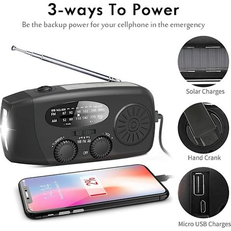 Radio étanche à manivelle avec cellule solaire et batterie externe, rouge. (1/5)