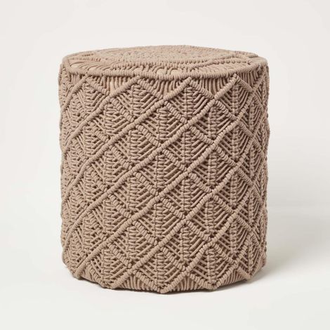 HOMESCAPES Delilah - Makramee-Pouf rund - hellbraun, 40 x 42 cm (1/5)