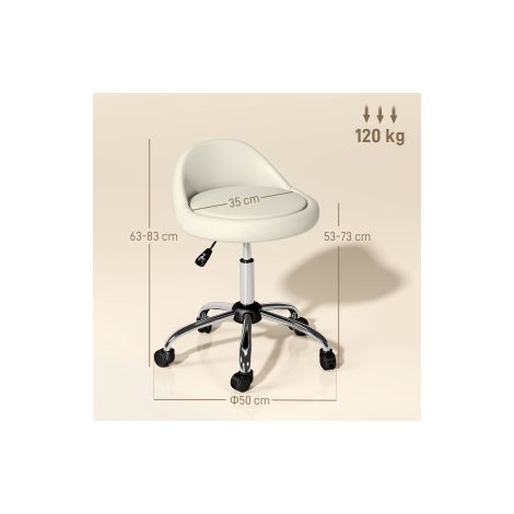 Tabouret roulant tabouret de travail réglable en hauteur 63-83 cm, tabouret pivotant à roulettes, tabouret de salon pivotant, similicuir, blanc (1/5)