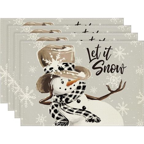 Ensemble de 4 sous-verres d'hiver avec bonhomme de neige gris et flocons de neige, 30x45 cm, décoration de table de Noël pour les fêtes. (1/5)