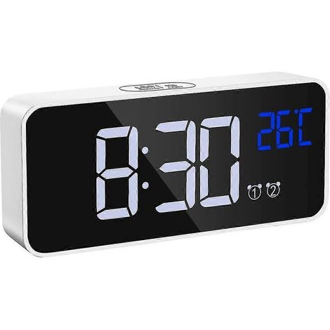 Digitaler Wecker, LED-Spiegel-Musikuhr, Sprachsteuerung, 4 einstellbare Helligkeitsstufen, Doppelalarm, Temperaturanzeige, Schlummerfunktion, USB-Ladeanschluss für B( )