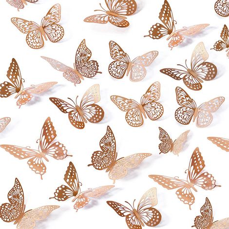 Adesivo Farfalla 3D, 48 Pezzi Farfalla Adesivi Murali fai-da-te, 4 Stili e 3 Dimensioni, rimovibili Farfalle Decorative per Casa Aula Feste Camera da Letto Matrimonio Palloncini Torta - Oro rosa (1/5)