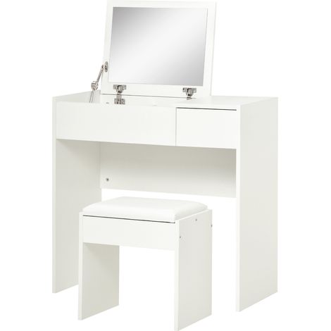 Schminktisch mit Klappspiegel, moderner Frisiertisch mit Hocker, 4 Schubladen, weißes MDF, 80 x 40 x 79 cm