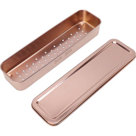 Plateau à couverts en acier inoxydable avec couvercle égouttoir, couleur or rose, pour baguettes, cuillères et fourchettes. (1/5)