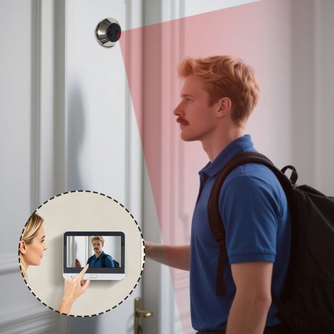 【Maison connectée】Caméra portable, caméra vidéo intelligente de 3 mégapixels 1080P, fonction de vision nocturne infrarouge, sonnette de porte visible IPS de 4,3 pouces, rechargeable, carte SD (1/5)