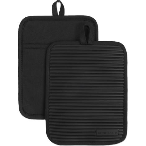 Kitchen Aid Lot de maniques en Silicone Souple nervuré, 17,8 x 22,9 cm,Imperméable et antidérapant Noir Onyx (1/4)