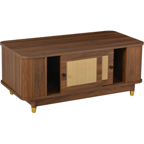 Mesa de centro con puertas correderas de ratán, almacenamiento, MDF color nogal (1/5)