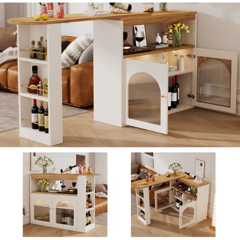 138-193X39X105CM Moderner ausziehbarer Bartisch ,Ausziehbarer Esstisch mit Stauraum , Stehtisch Bistrotisch, drehbar, für Esszimmer,Mit 1m langem LED Lichtstreifen(Einstellbare Lichtfarbe),Weiß
