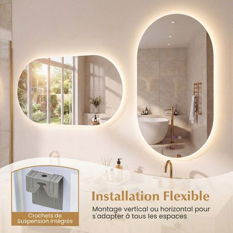 Pour salle de bain, miroir mural LED 80 x 50 cm pour maquillage et soin, ovale sans cadre à pose verticale ou horizontale (1/5)