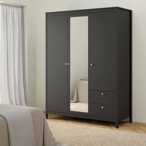 Armoire 3 Portes Rufina, Dressing Chambre 4 Étagères, Porte-manteaux, 58,4x150 cm Noir (1/5)