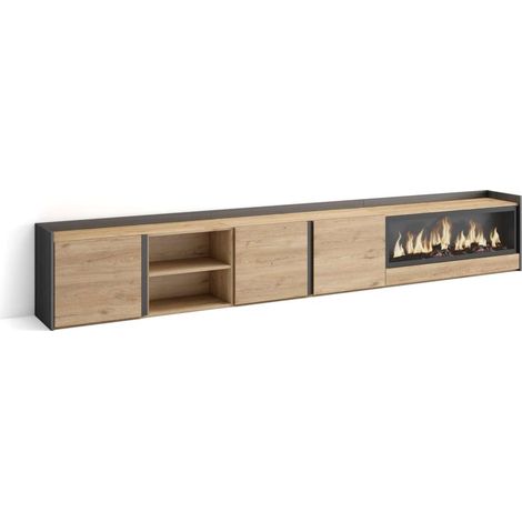 Mueble TV Benadalid-02 de 315x50x35 cm con chimenea eléctrica XXL, color roble y negro (1/4)