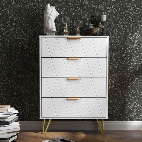 Comodino 60 cm, con 4 cassetti, linee a diamante, maniglie e piedi in metallo dorato, armadio per soggiorno in legno - Bianco (1/5)