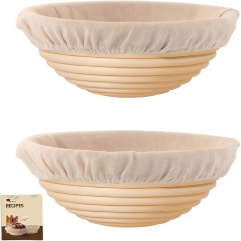 Cesta de fermentación Banneton, cesta para hornear pan de masa madre, cuenco de ratán indonesio para pan de masa madre con forro de lino (2 cestas redondas de 7") (1/5)