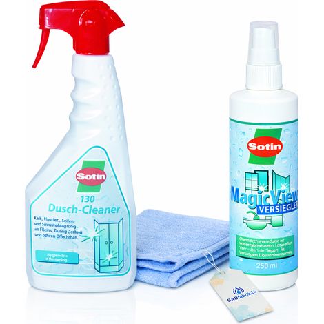 BADfabrik24 Sotin Reinigungsset Dusche mit Duschcleaner, Magic-View Versiegler und Mikrofasertuch