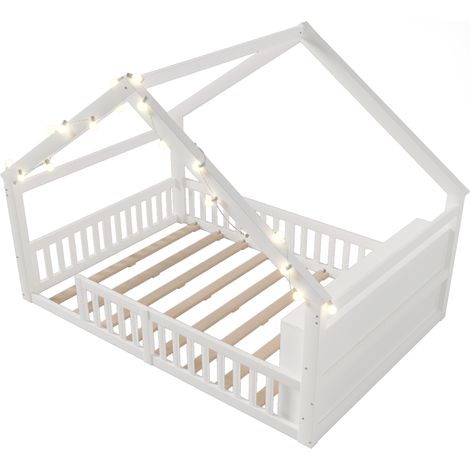 Lit plat 140 x 190 cm, lit enfant avec barrières, avec perles LED, style maison, bois de pin, sans matelas, style minimaliste, blanc