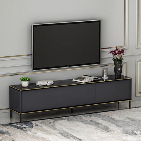 Mueble TV Vicchio, 3 Puertas, Estante Efecto Mármol, 3 Cajones, 180x35x45h cm Negro Antracita (1/5)