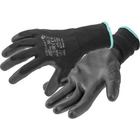 Högert Technik JAGST Gants enduits de polyuréthane, couleur noire, taille 10, 12 paires/paquet, résistants à l'abrasion et flexibles, idéaux pour les travaux de montage précis.