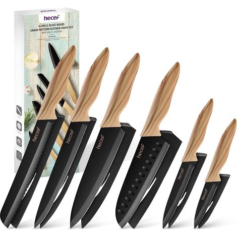 6-Piece Kitchen Knife Set with Cases – Ultra Sharp Stainless Steel, Imitation Olive Wood Handle, Chef Knife Set, Rust-Proof (1/5)