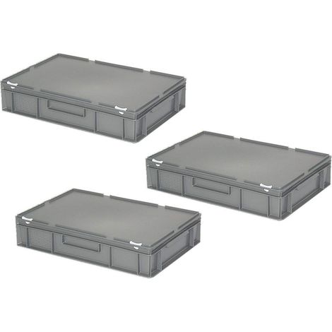 BRB 3 Boîtes de Rangement Euro avec Couvercle, PE-HD, L x l x H 600 x 400 x 130 mm, 23 l, Gris