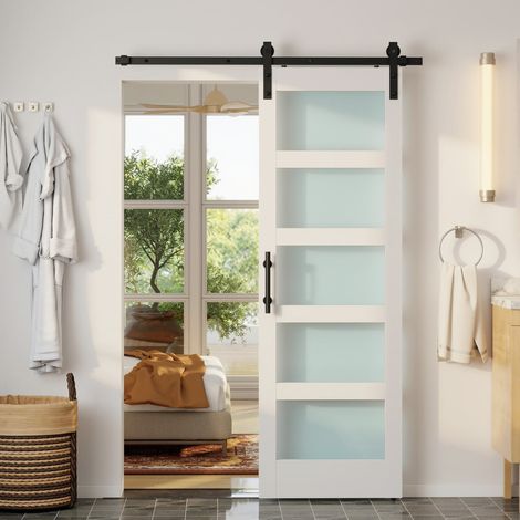 HOMCOM puerta corredera 71x213 cm con kit de montaje, puerta de granero con paneles de vidrio, guía de piso, blanco