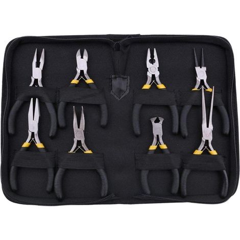 Set aus 8 Handzangen: Spitzzange (gezahnt), Flachzange, Diagonalzange, Kabelschuhzange, Drahtzieher, Drahtschneider, Mehrzweckzange und Zangenreparaturwerkzeug.