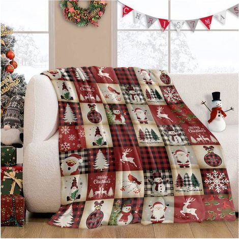 1 pièce Couverture flanelle,Noël,Père Noël et renne,carreaux rétro,plaid doux et chaud 100x150 cm,pour canapé lit ou décoration hivernale (1/5)