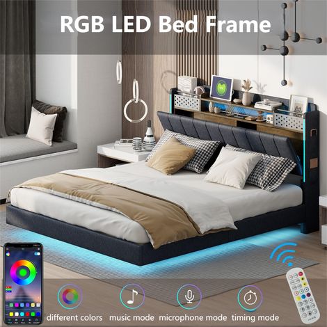 Lit adulte capitonné 160x200cm - en tissu lin - tête de lit avec prise USB et espaces de rangement - Gris (1/5)