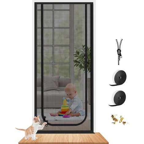 Porte moustiquaire pour animaux de compagnie, en maille résistante aux griffures pour chats et chiens avec fermeture éclair, convient aux portes jusqu'à 35'' x 80'' pour le salon, la chambre et le pat