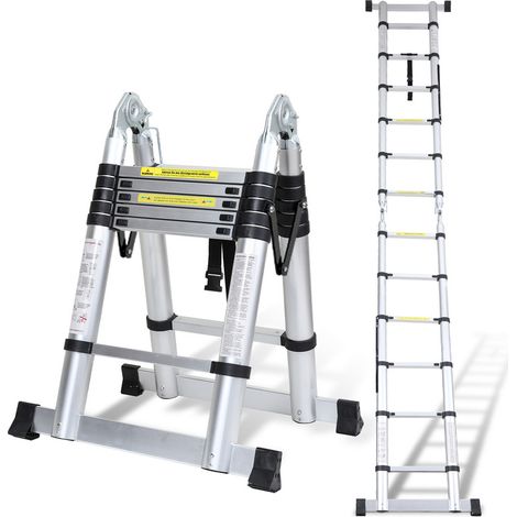 EINFEBEN Échelle télescopique Aluminium 1,9m+1,9m Argent sans crochet Avec stabilisateur charge max. 150 kg - Argent (1/5)
