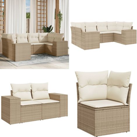 6-tlg. Garten-Sofagarnitur mit Kissen Beige Poly Rattan - Gartensortiment - Outdoor Möbel - Gartenlounge - Rattan Gartenmöbel - Polyethylen Gartenmöbel - Home & Living (1/5)