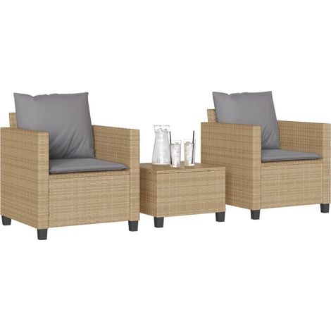 3-tlg. Bistro-Set mit Kissen Beige Poly Rattan