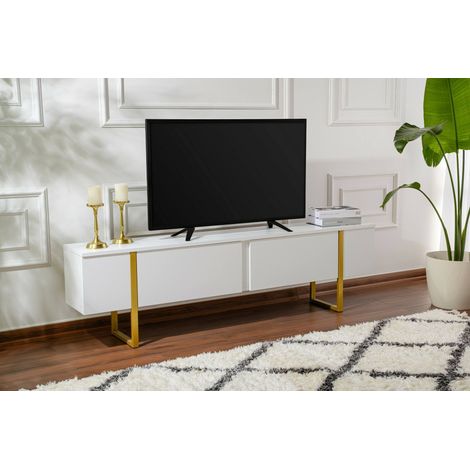 Dmora - Mueble de televisión Lilith, Aparador de salón, Mueble bajo para TV, Base de pared equipada, 180x30 h50 cm, Blanco y oro\ (1/5)
