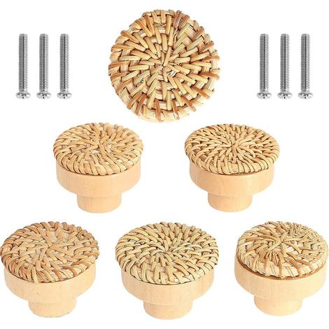 Lot de 6 boutons de meuble en rotin – Poignée de tiroir en bois massif – 40 x 30 mm – Vis incluses pour installation facile (1/5)