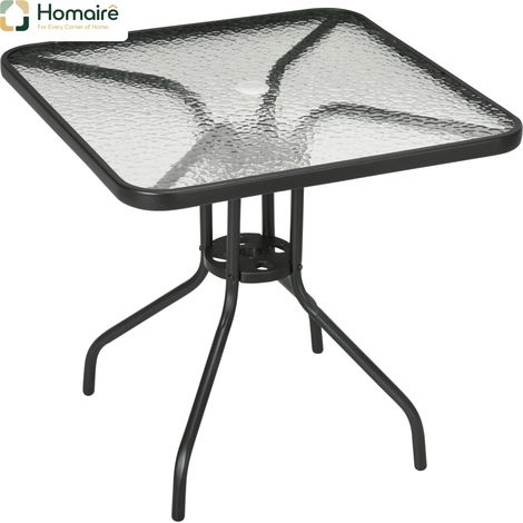 HOMAIRE Table de jardin métallique démontable carrée 76x76 cm, résistante aux intempéries, avec trou pour parasol, antidérapante, pour extérieur, jardin, terrasse, balcon, noir