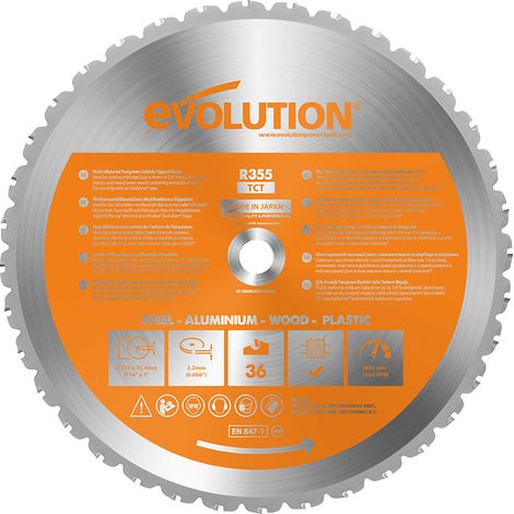 Evolution – Lame multi-matériaux TCT 355mm – 36 dents – Alésage 25,4mm – Coupe précise pour bois dur et acier doux – Scie à tronçonner