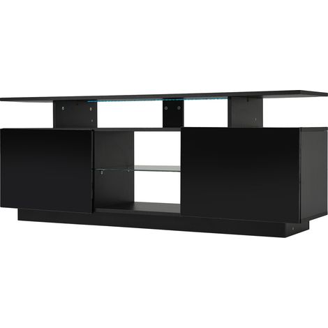 Schwarzes TV-Möbel 140 cm mit 16-Farben-LED, Hochglanz-Türen und Glasfächern (1/5)