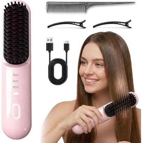 KLVGTIFS PU - Brosse lissante sans fil améliorée 2026 avec chauffe rapide en 30 secondes, 3 réglages de température, rechargeable 5000 mAh (Rose) (1/5)